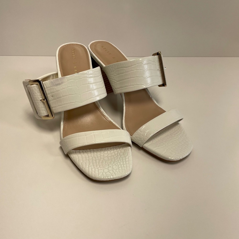 Kelly & Katie Vinniee White Croc Embossed Buckle Block‎ Heel Sandals 10 M